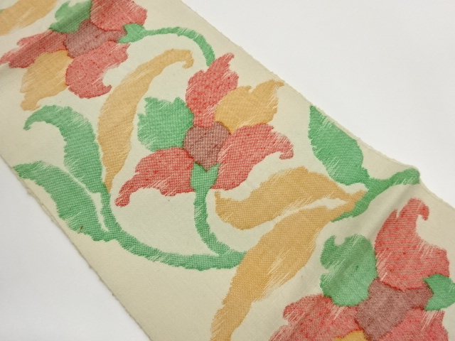 JAPANESE NAGOYA OBI / TSUMUGI / WOVEN FLOWER ARABESQUE